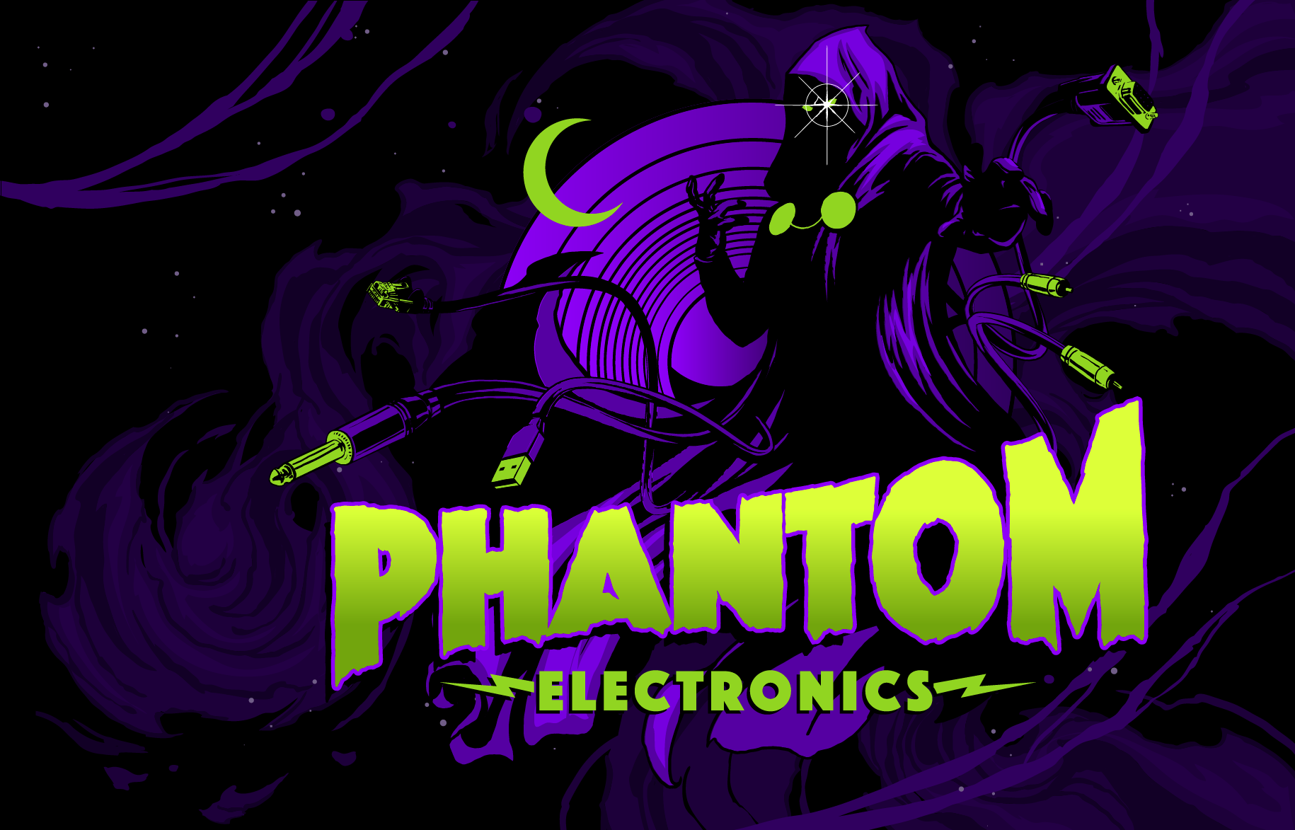 Phantom Electronics — hooded phantom with cables, lime green and purple logo