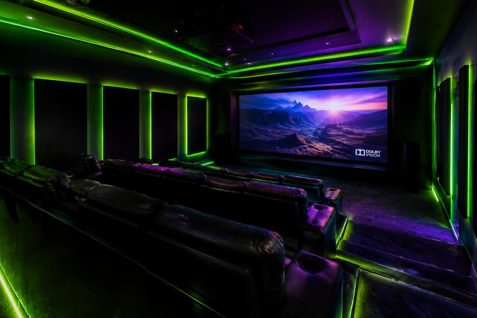 Custom home theater installed by Phantom Electronics with lime green LED accent lighting